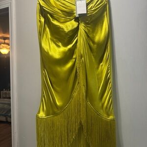 H&M Green Ruched Midi Skirt with Slit for Cocktail